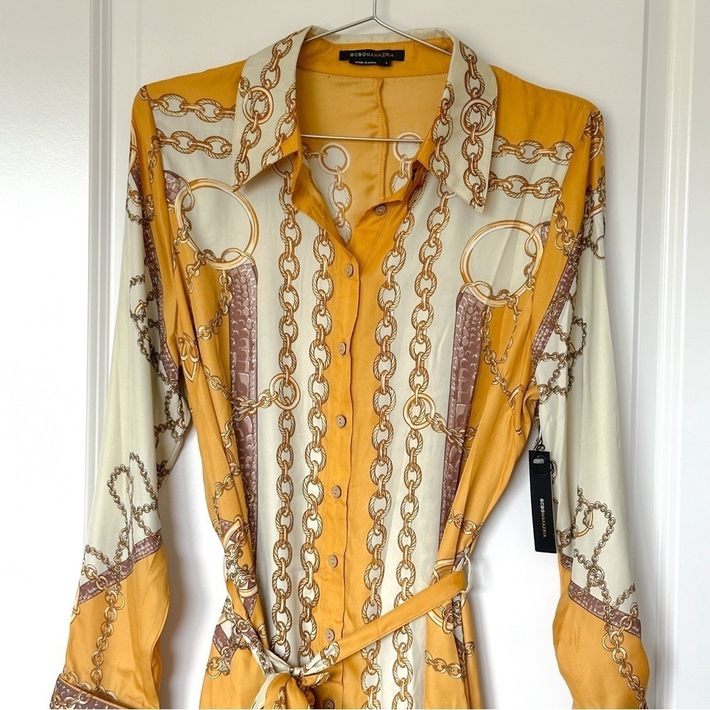 BCBGMaxAzria Crazy Chains Mustard Yellow Shirt Dress Long Sleeve Size L - Picture 9 of 9